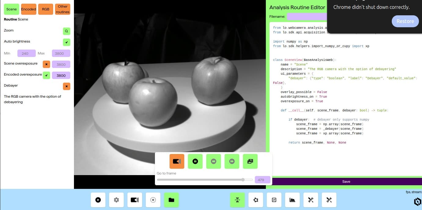 Living Optics camera page with live code editing for analysis routines